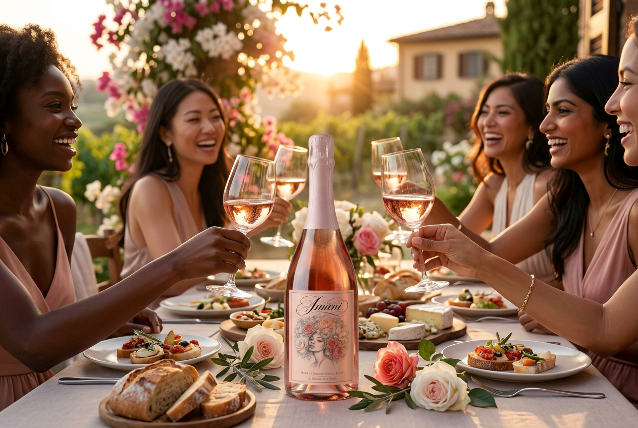 A group of women friends sharing Imani Rosé at sunset
